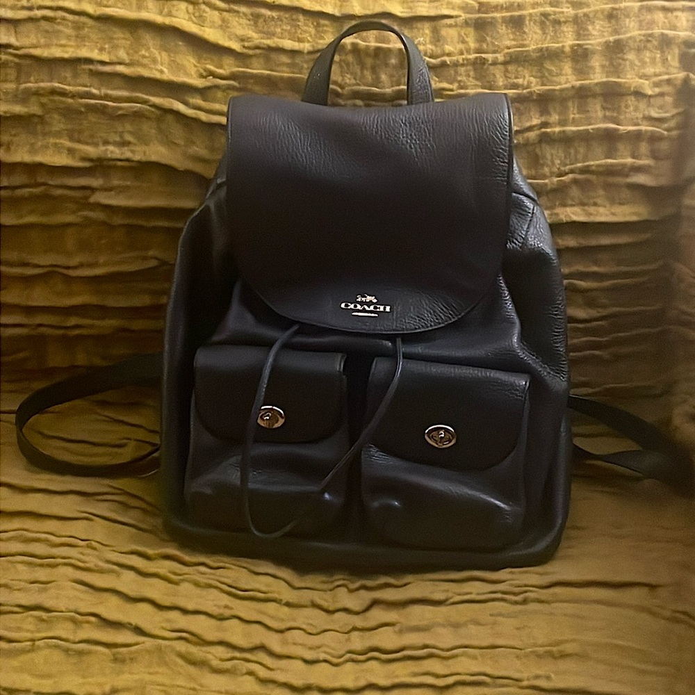 Medium leather Coach gray backpack with adjustable straps and two front pockets.